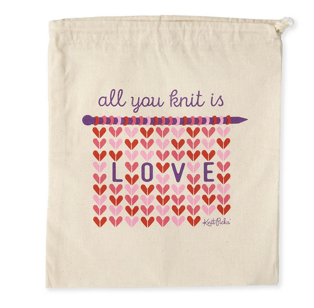 Knit Picks All You Knit Is Love drawstring project bag with heart-and-knitting-needle design