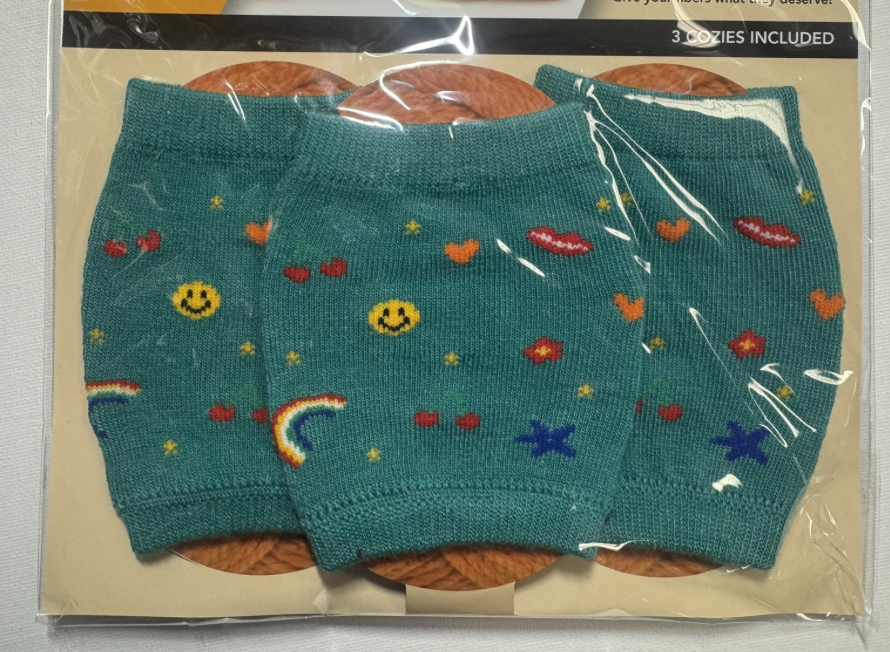 Buffy Ann Designs yarn cozies — example assorted three-pack; patterns and colors vary