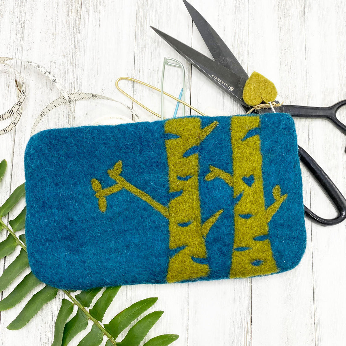 Wonderland Yarns & frabjous fibers - Felted Bag Needle Notions — Birches - Teal; tools and accessories shown as photo props, not included