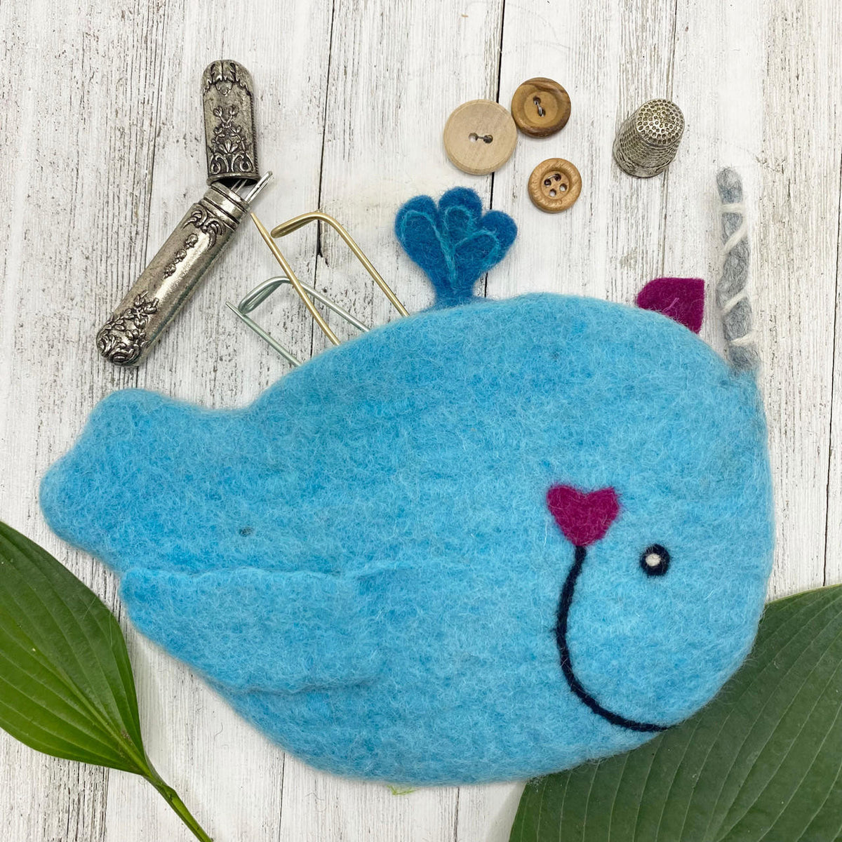 Wonderland Yarns & frabjous fibers - Felted Bag Needle Notions — Narwhale Blue; tools and accessories shown as photo props, not included