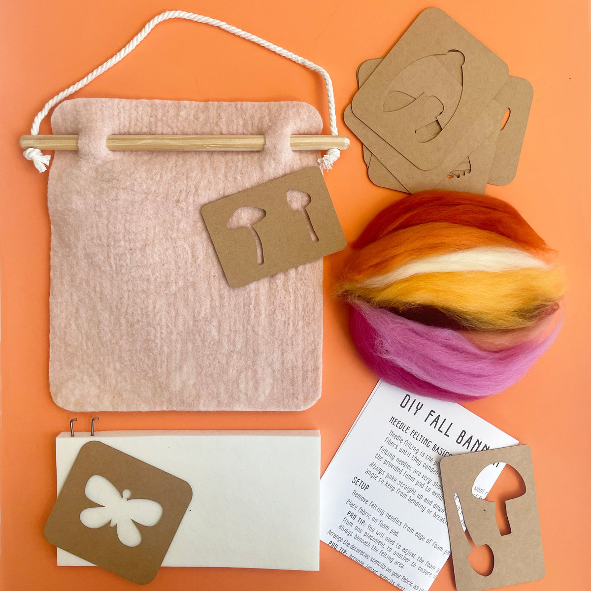 Sheep Creek Studio Felting Craft Kit — 8x8 Pink Moth and Mushroom — kit contents