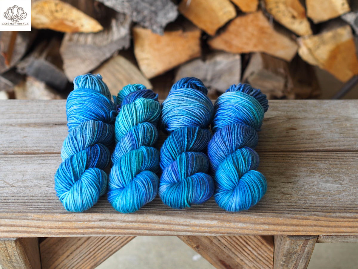 Cape May Fiber DK Merino Superwash — Undertow — skein color examples; photo quantity is illustrative