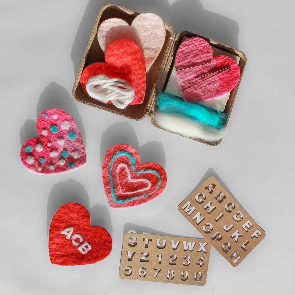 Sheep Creek Studio Felting Craft Kit — Mini Heart — kit contents and finished-project examples